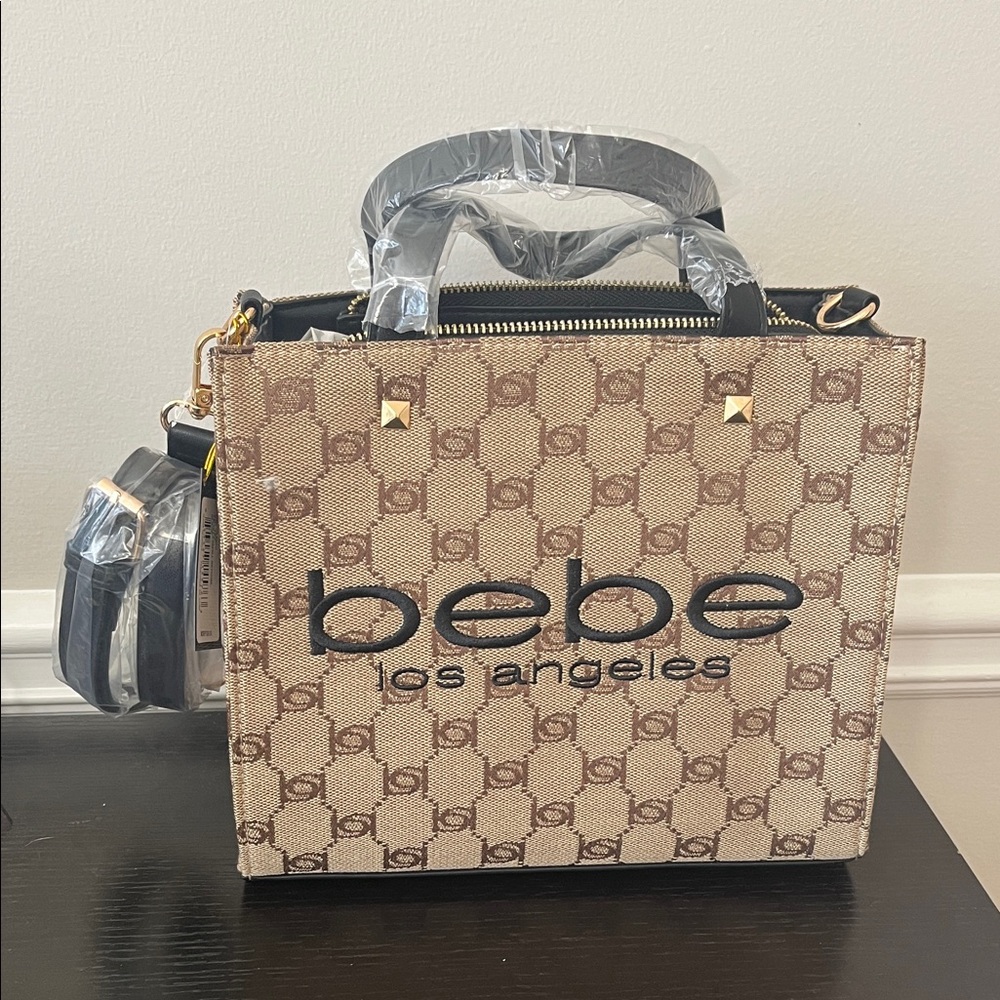 Bebe Tan and Black Logo Tote Bag